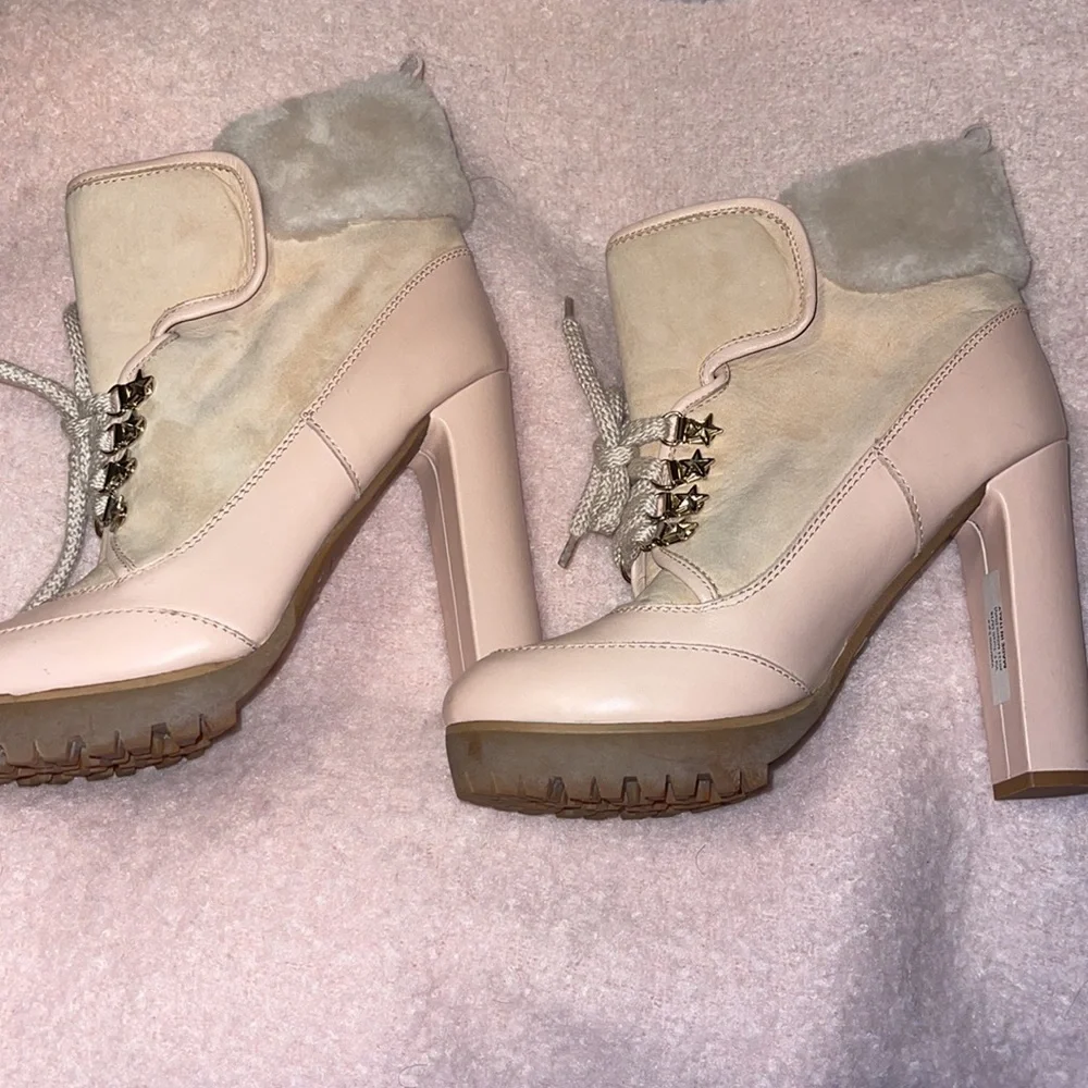 RED VALENTINO Nude Lace Up with Fur Leather Heels Boots/Booties - Picture 8 of 12